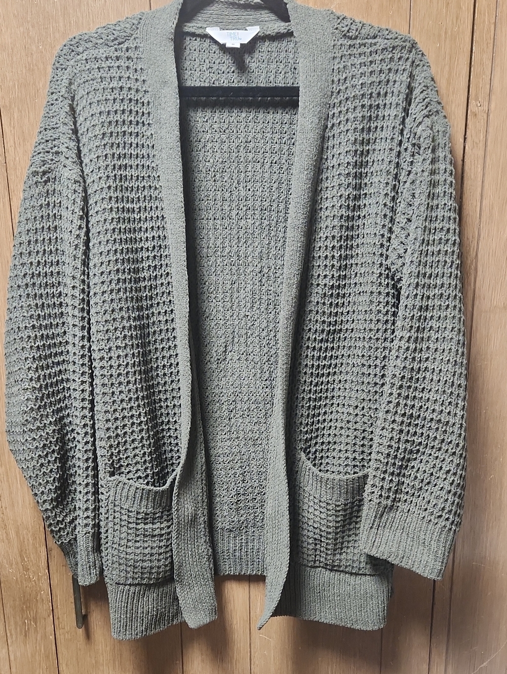 Time and Tru Olive Waffle-Knit Open Cardigan